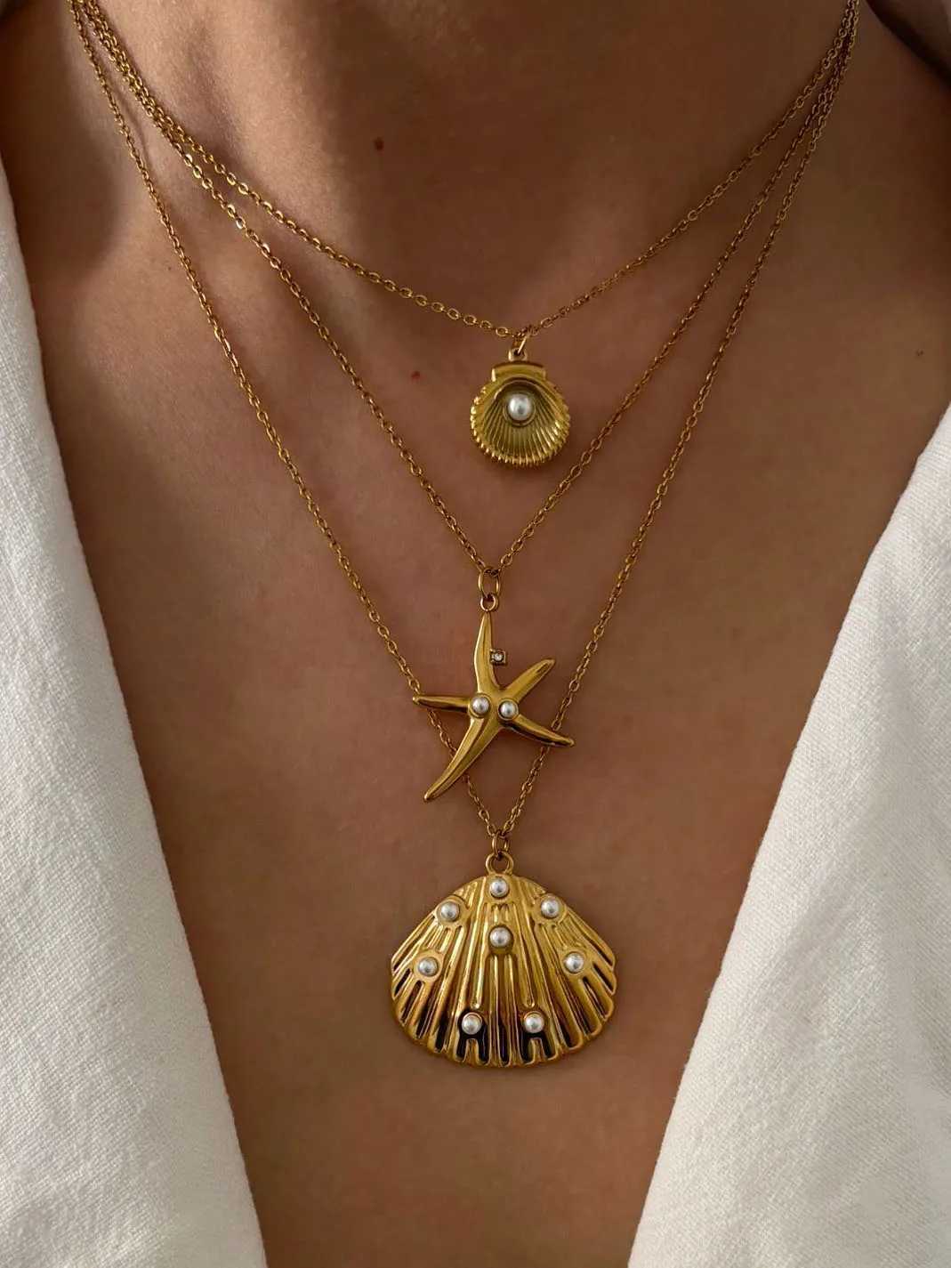 GHIDBK Ocean Style Shell Starfish Rhinestone Imitation Pearls Pendant Necklace for Women Summer Beach Fashion Jewelry Waterproof XJ250524