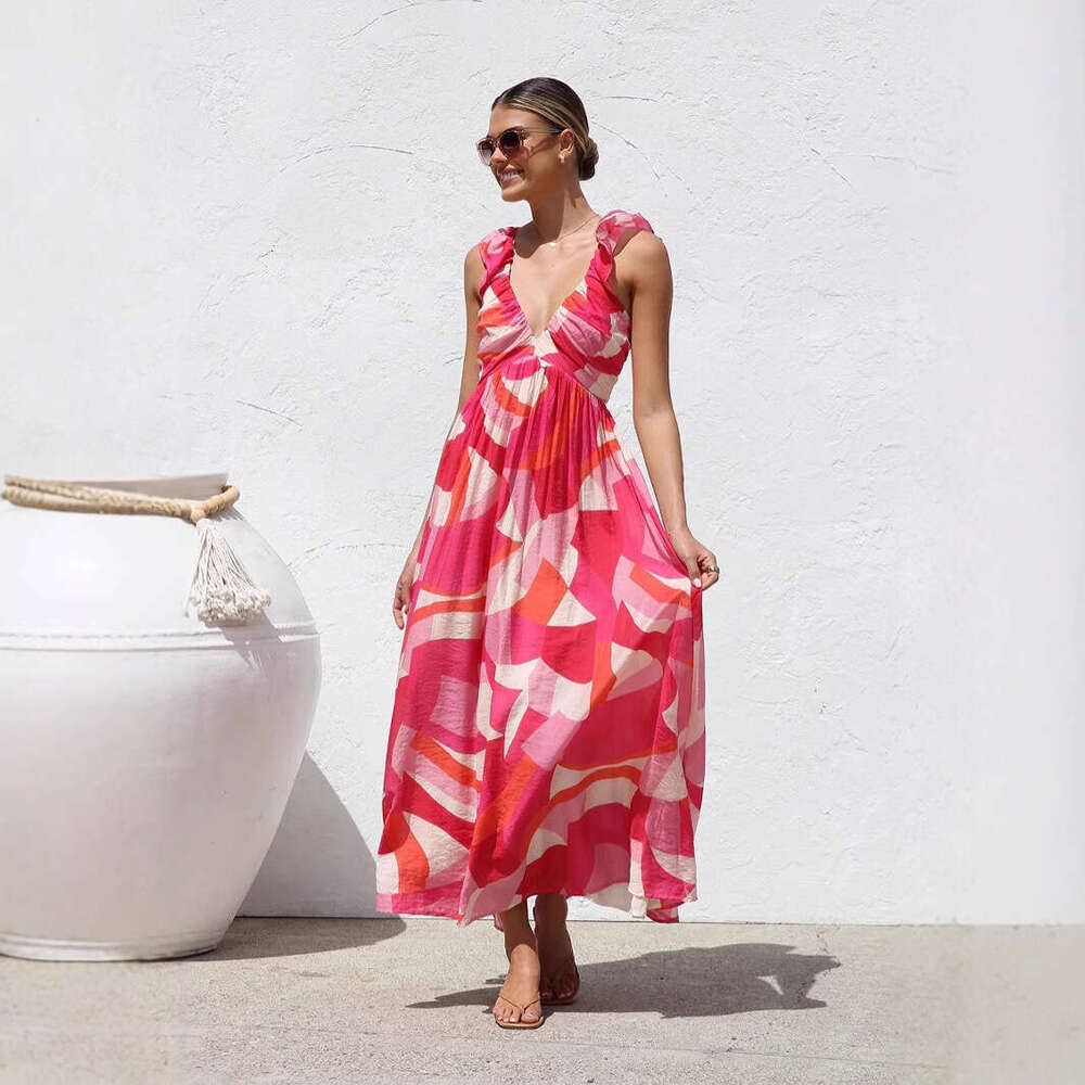 Maxi Dress Summer New Ins Same Style Printed V Neck Large Swing Strap Long Dress For Women Floral Dress