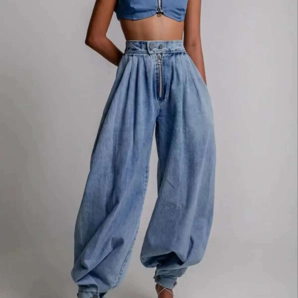 Women Pant High Waisted Zipper Denim Bloomers Pants Loose Vintage Streetwear Casual Harem Jeans Trousers