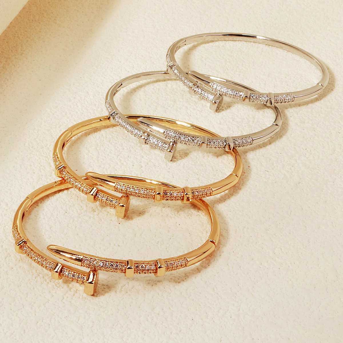 4pk/Set Fashion For Women TrenDY Daily Copper Zirconium No Rust Bangles Open Adjustable Gifts Z250524