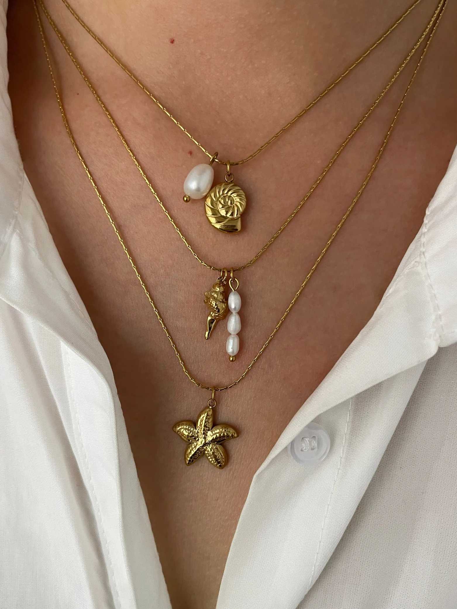 Perisbox Waterproof Beach Party Holiday Jewelry Natural Freshwater Pearl Conch Starfish Pendant Necklace Women Train Accory XJ250524