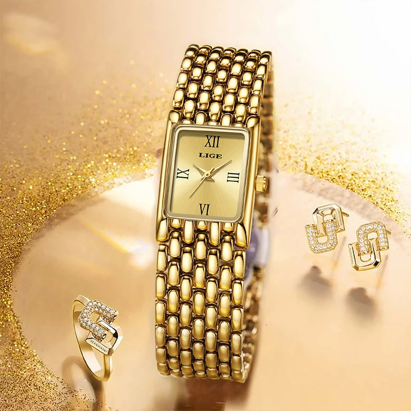 LIGE 2025 Fashion Gold Womens Watch Quartz Watch Stainless Steel Bracelet Retro 30M Waterproof Watches Women reloj 250603