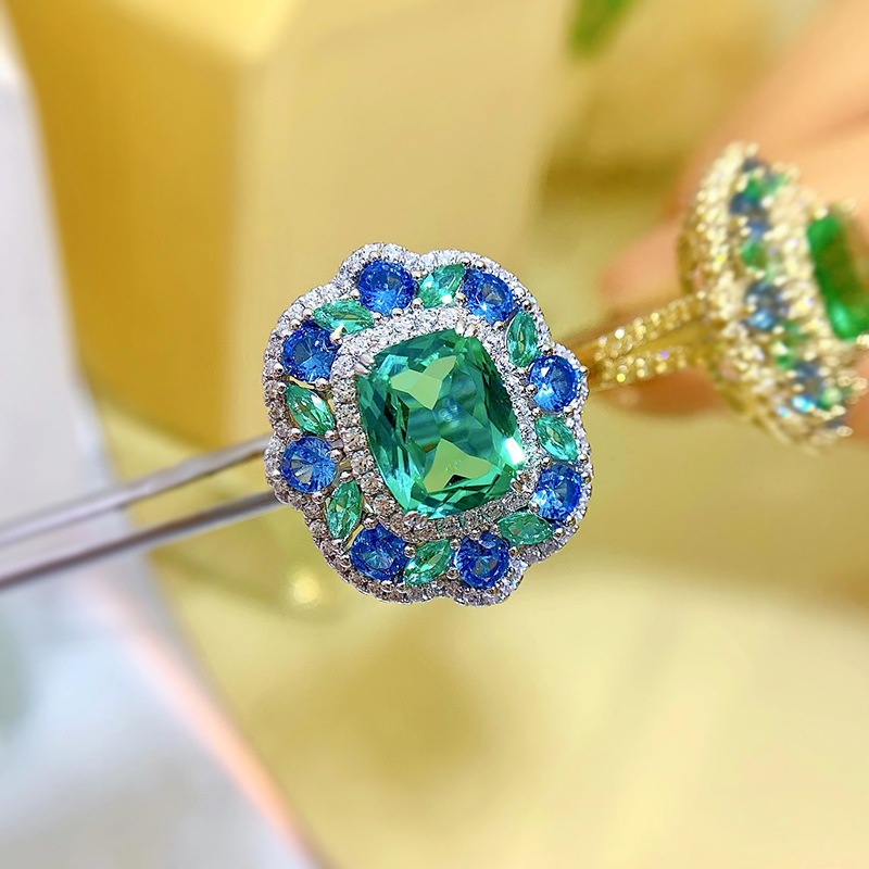 S925 sterling silver 8*10 high carbon diamond green tourmaline best girl girlfriend's garden ring European luxurious and high-end live sales best
