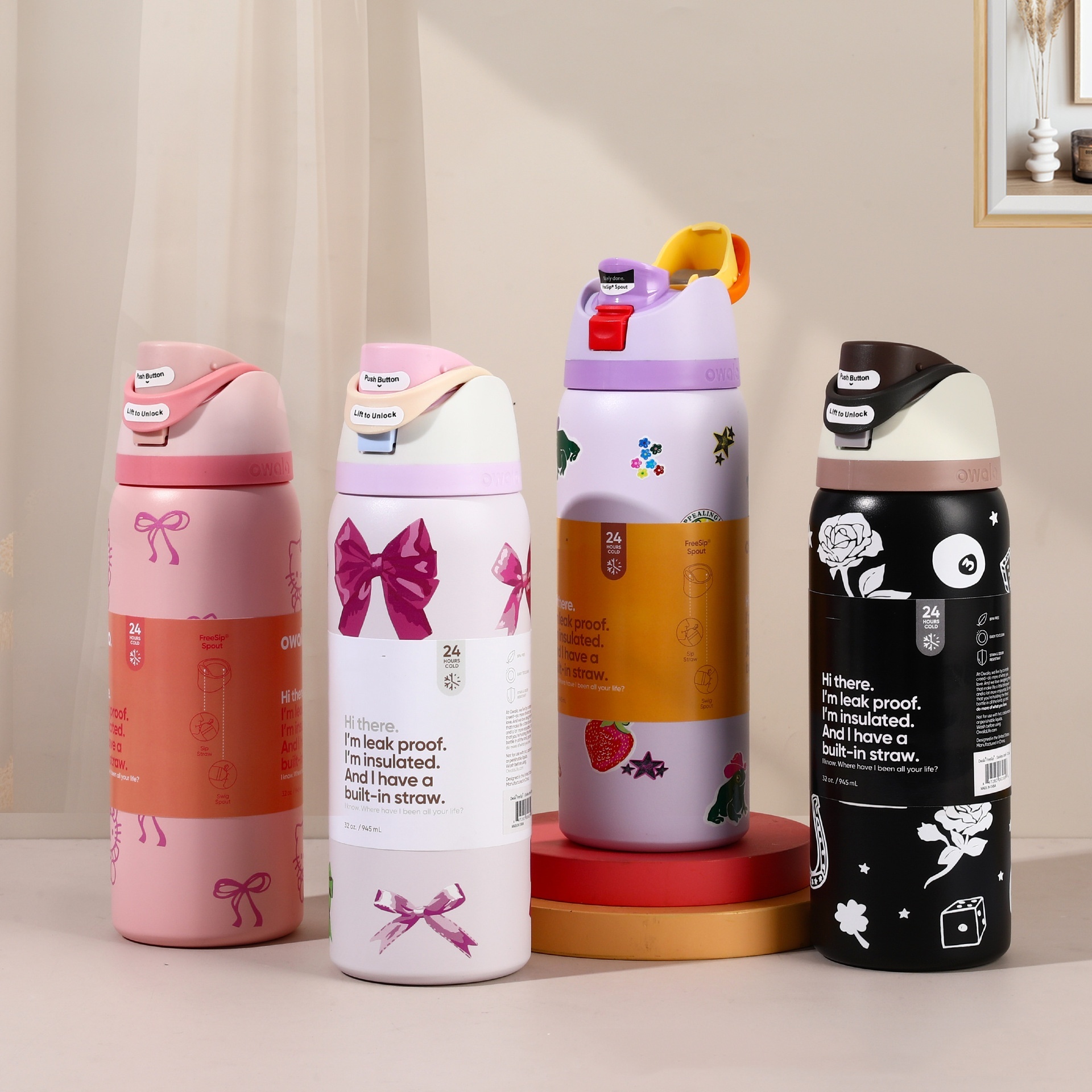 Owala Water Bottles Cat Design Cup Vacuum Flasks Thermoses Drinkware Thermo Stainless Steel Tumblers Thermal Original Cold Coffee Mugs 24oz 32oz 0606