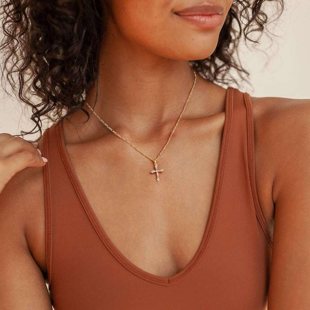 Women's double 14K gold-plated exquisite fashionable small cross pendant simple and cute necklace, gold jewelry