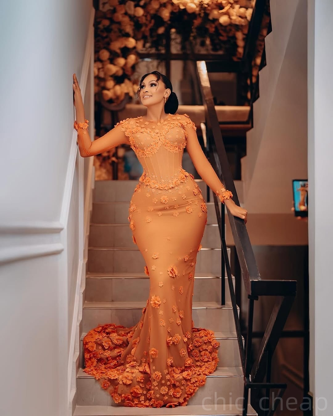 Orange Mermaid Prom Dresses 2025 Flowers Beaded Full Sleeves Evening Formal Party Second Birthday Engagement Gowns Plus Size Dress For Special Occasio
