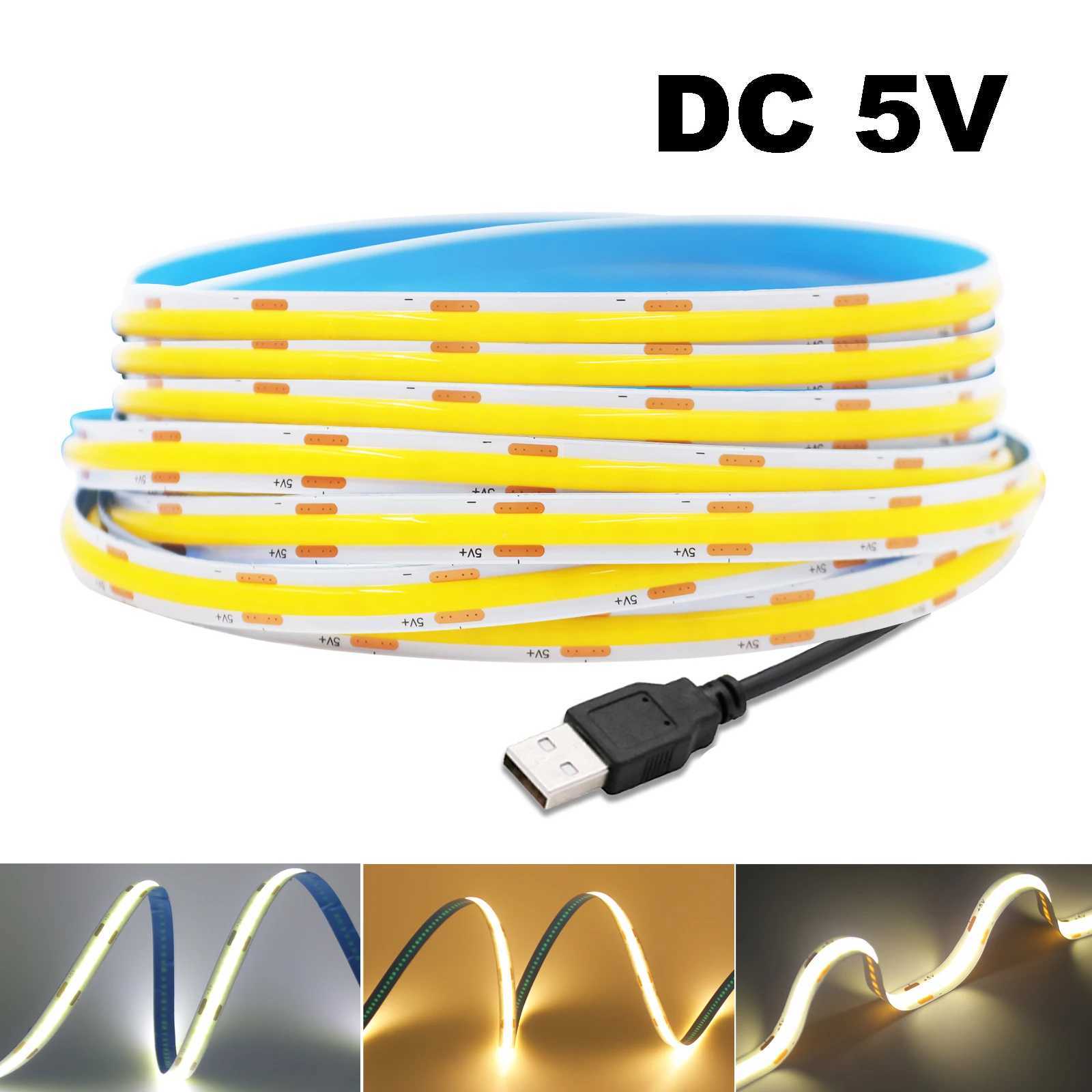 USB 5V COB LED Strip Light Super Bright 320LEDs/m High Density Linear Lighting Flexible Tape Warm/Natural/White 1M 2M 3M 4M 5M W250524