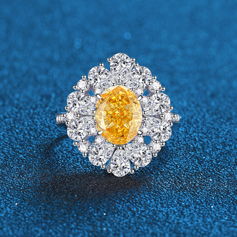 S925 Sterling Silver High Carbon Diamond Yellow Oval Ring with Ice Flower Cut for Women, Elegant Luxury Jewelry