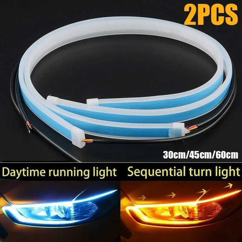 2Pcs 12V Led Guide Strip Headlight for Car Daytime Running Lights Turn Signal Bulb DRL Sequential Switchback 30cm/45cm/60cm W250524