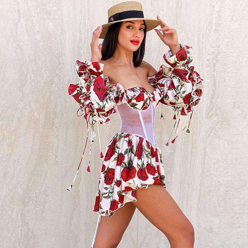 Maxi Dress AL Temperament Perspective Waistband Printed One Shoulder Dress Casual Vacation Style Fashionable Short Skirt For Women Floral Dress