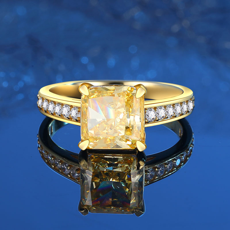 Elegant 925 Sterling Silver Ice Flower Cut Ring with High Carbon Diamond and Yellow Square Full Diamond Band