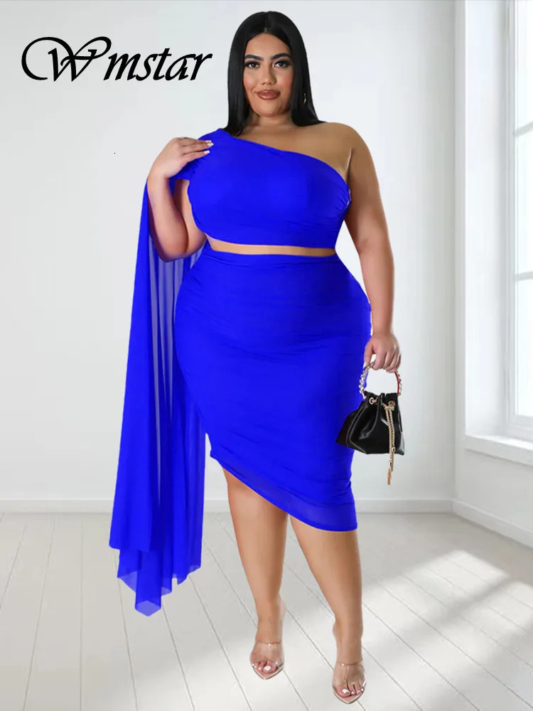 Wmstar Plus Size In Matching Sets Two Piece Outfits Summer Single Sleeve Crop Top and Skirts Sexy Wholesale Drop 250513Z