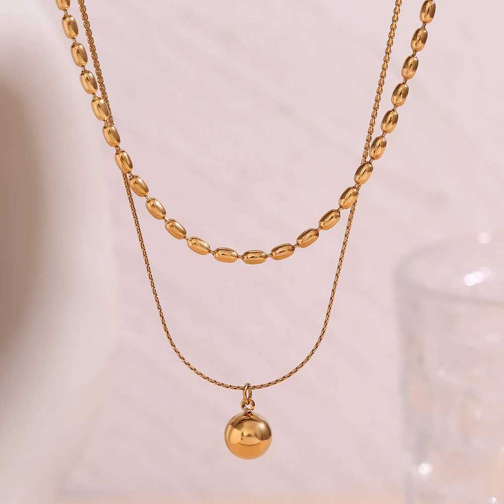 E.B.belle Simple Double-layer R bead Pendant Necklace 316L Stainl Steel Decoration 18K Gold Plated Jewelry XJ250524