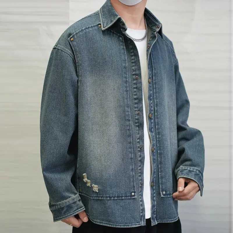 Korean Fashion Men Clothing Denim Coats Spring Autumn New Washed Vintage Rivet All-match High Street Lapel Hole Cowboy Jackets W250524