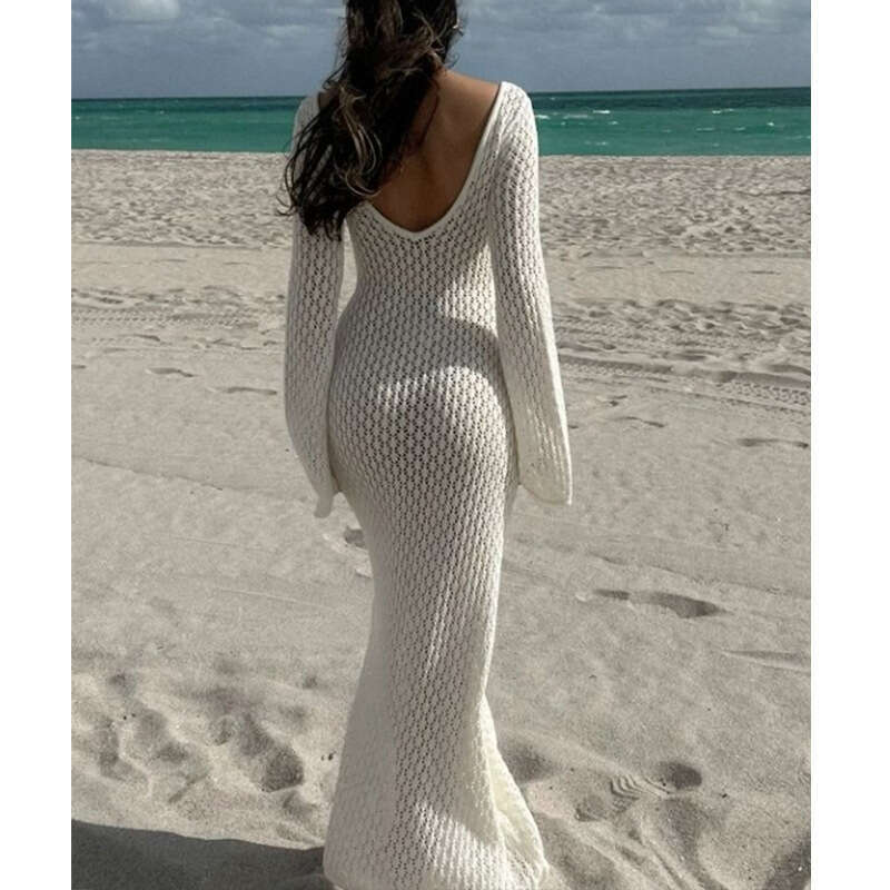 Maxi Dress New Hollowed Out Texture V Neck Round Button Sleeved Vacation Dress Beach Sunscreen Backless Long Skirt Long Dress