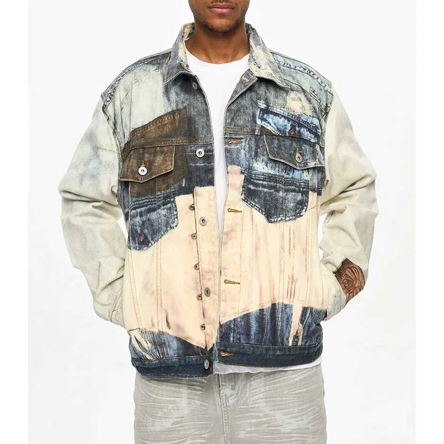 Y2k Contrast Color Back Lace Up Patchwork Denim Coat for Men and Women Windbreaker Bomber Jacket Casual Loose Jeans Clothes W250524