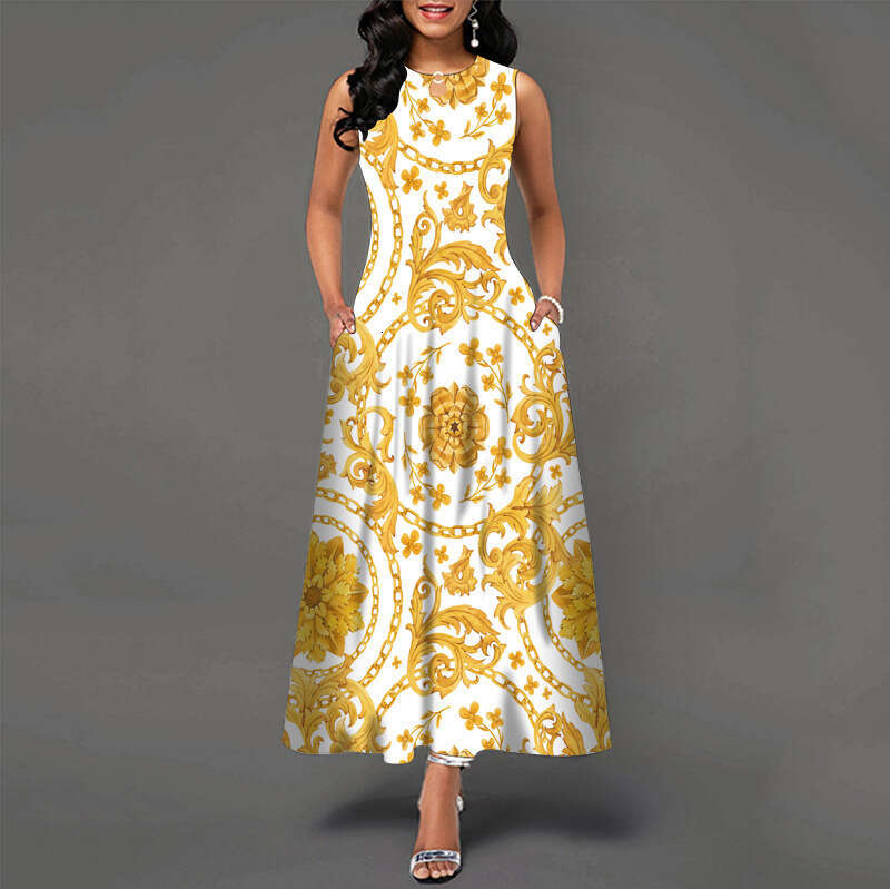 Maxi Dress V Neck Printed Sleeveless Long Dress Casual Beach Large Swing Skirt Long Dress