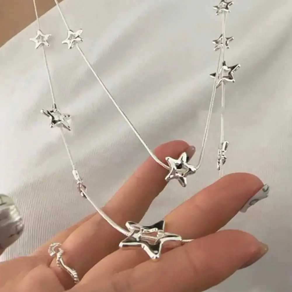 New Alloy Pentagram Star Pendant Silver Color Punk Long Chain Necklace Double Layer Y2K Style Choker XJ250524