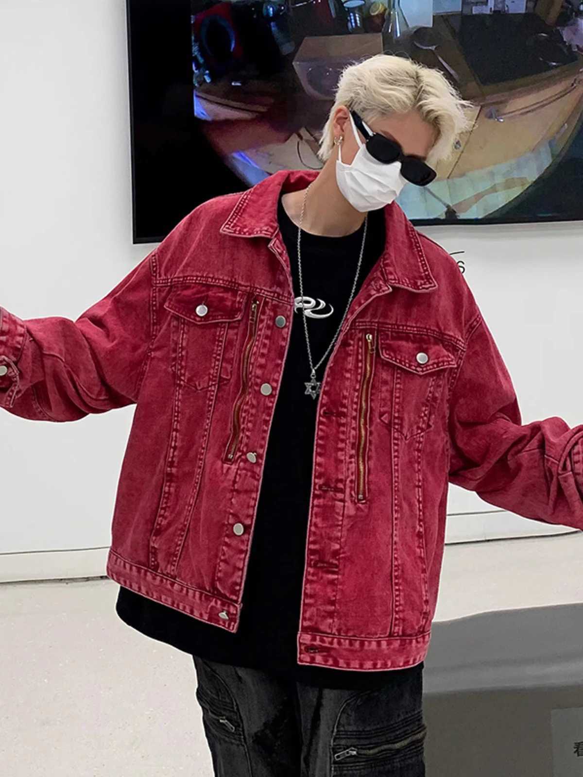 REDDACHIC Distressed Red Denim Jacket for Men Windbreaker Zipper Decor Loose Casual Bomber Coat Autumn Vintage Y2k Streetwear W250524