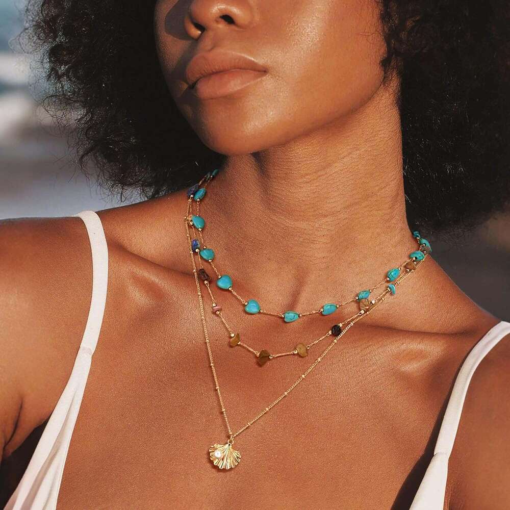 Women's turquoise 14K gold-plated bead heart-shaped Bohemian necklace handmade beach daily gold jewelry gift
