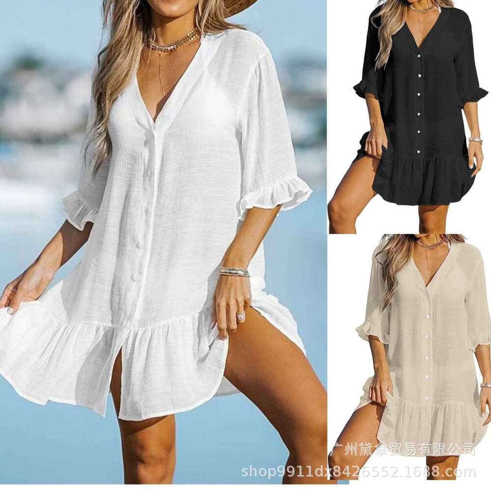 Maxi Dress Summer V Neck Ruffle Dress Solid Beach Sun Protection Cover Up For Women Long Dress