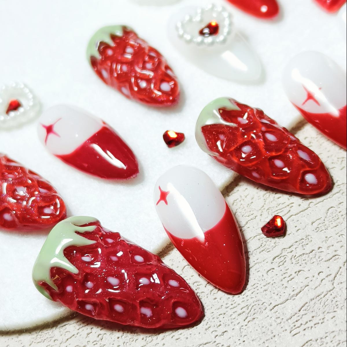 10pcs FrenchTips Handmade Press-on nail Medium Almond Nails Bundle Hand drawn 3D Love Strawberry Sweet Fake nails Finished nail stickers