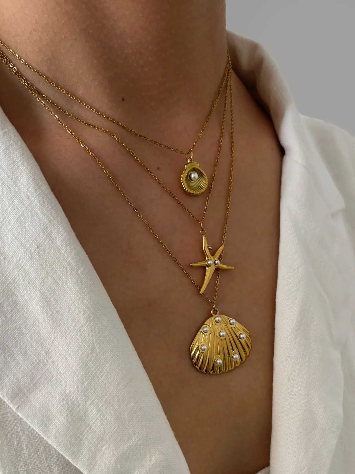 GHIDBK Ocean Style Shell Starfish Rhinestone Imitation Pearls Pendant Necklace for Women Summer Beach Fashion Jewelry Waterproof XJ250524