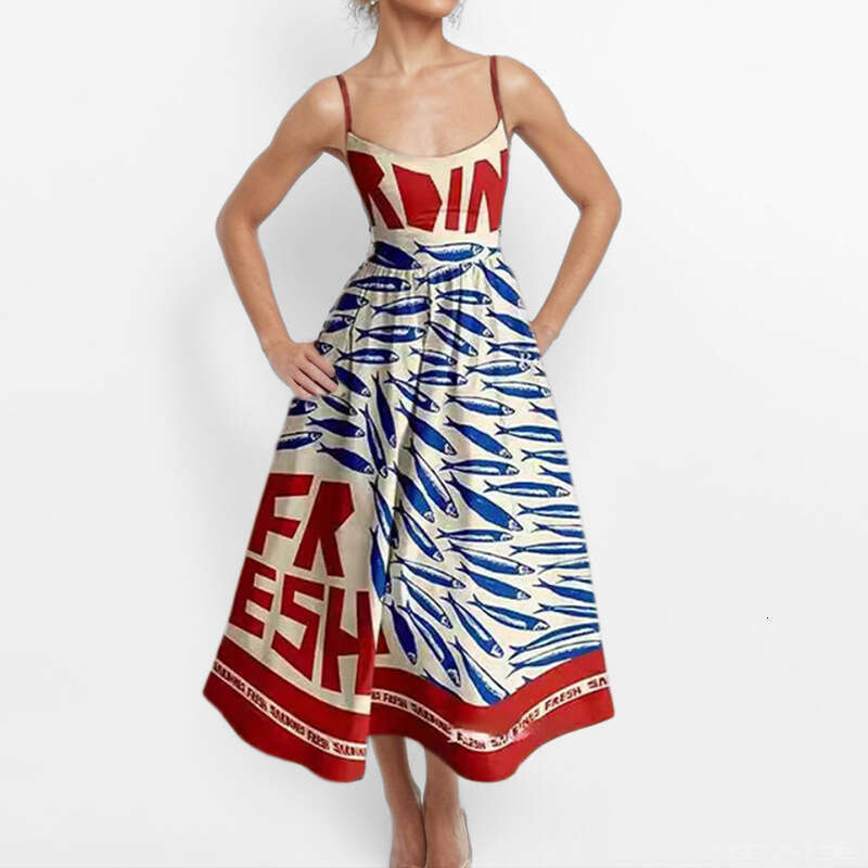 Maxi Dress Spring New Women S Style Printed Folded Waist Strap Dress Floral Dress