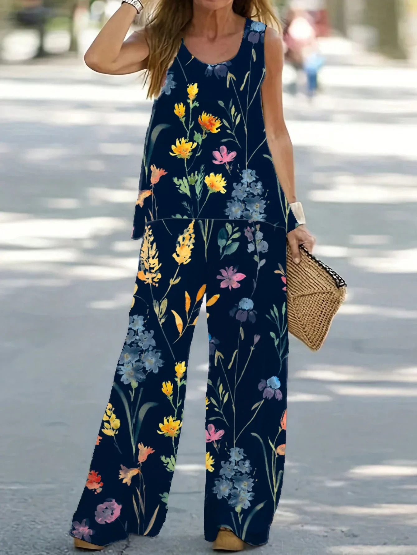 Plus Size Womens 1XL8XL Casual Outfits Two Piece Set Solid Round Neck Tank Top Wide Leg Pants 2 y250513Z