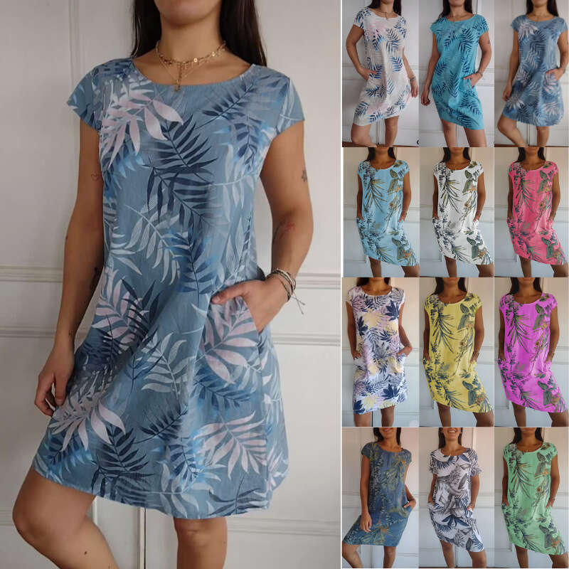 Maxi Dress Women S New Round Neck Pocket Loose Printed Short Sleeved Dress Floral Dress