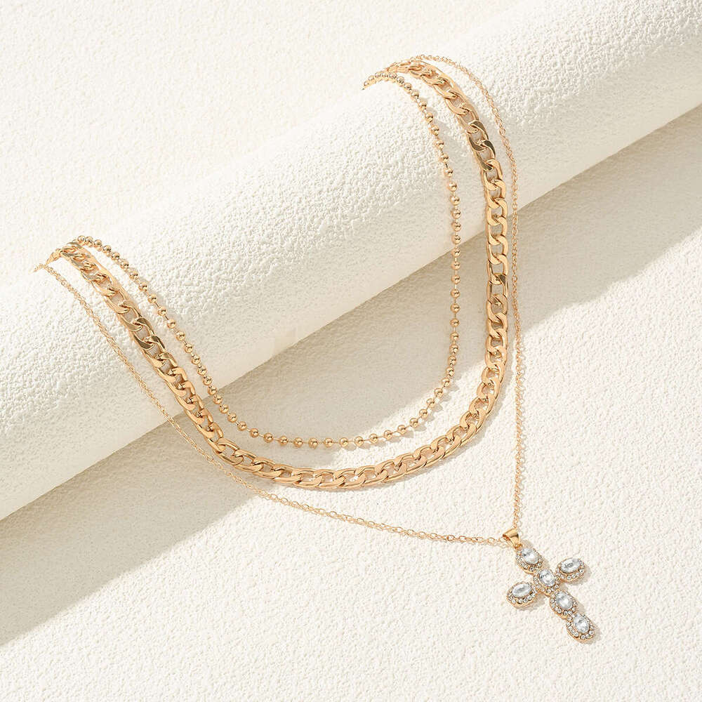 Multi Layer Crystal Studded Cross Pendant Necklace High Women Fashion Chain