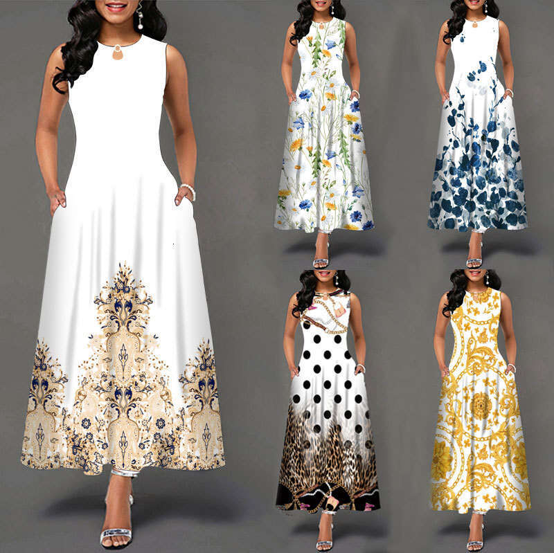 Maxi Dress V Neck Printed Sleeveless Long Dress Casual Beach Large Swing Skirt Long Dress