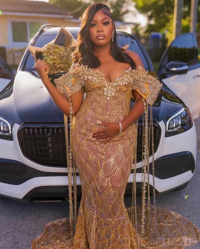 Gold Mermaid Prom Dresses 2025 Illusion Floral Crystals Tassels Evening Formal Party Second Birthday Engagement Gowns Plus Size Dress For Special Occa