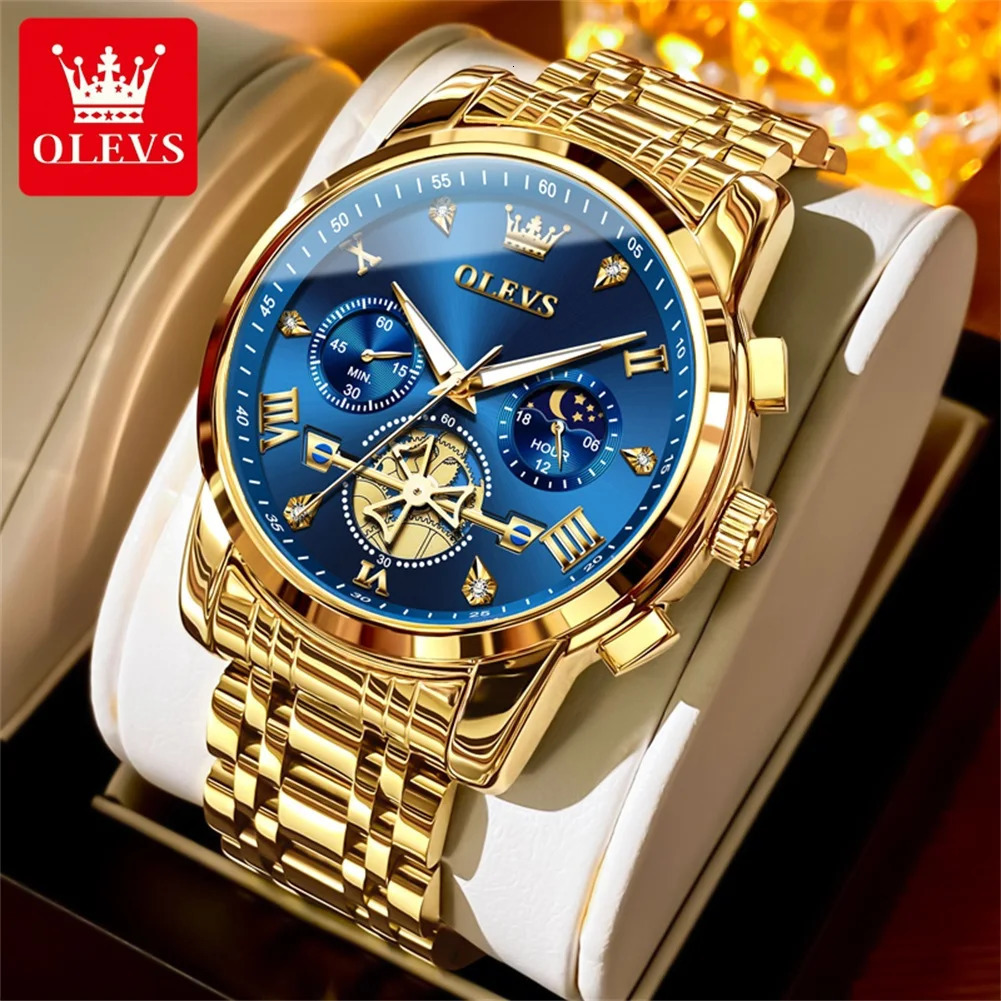 OLEVS Mens Watches Classic Multifunctional Flywheel Stainless steel Waterproof Moon Phase Mens Wristwatches 2024 Trend 250603
