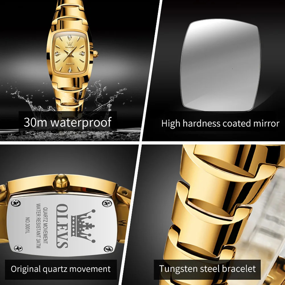 OLEVS Tungsten Steel Strap Womens Watch Elegant Gold Waterproof Wristwatch TOP Womens Watches Relogio Feminino 250603