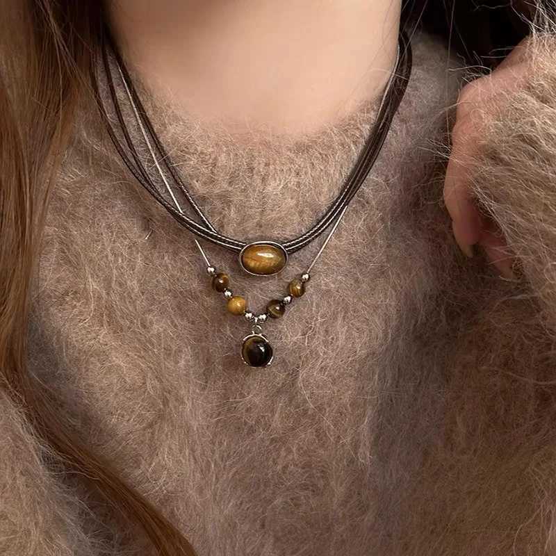 Vintage Tiger Eye Stone Round Bead Leather Rope Pendant Necklace for Women Jewelry Accories XJ250524