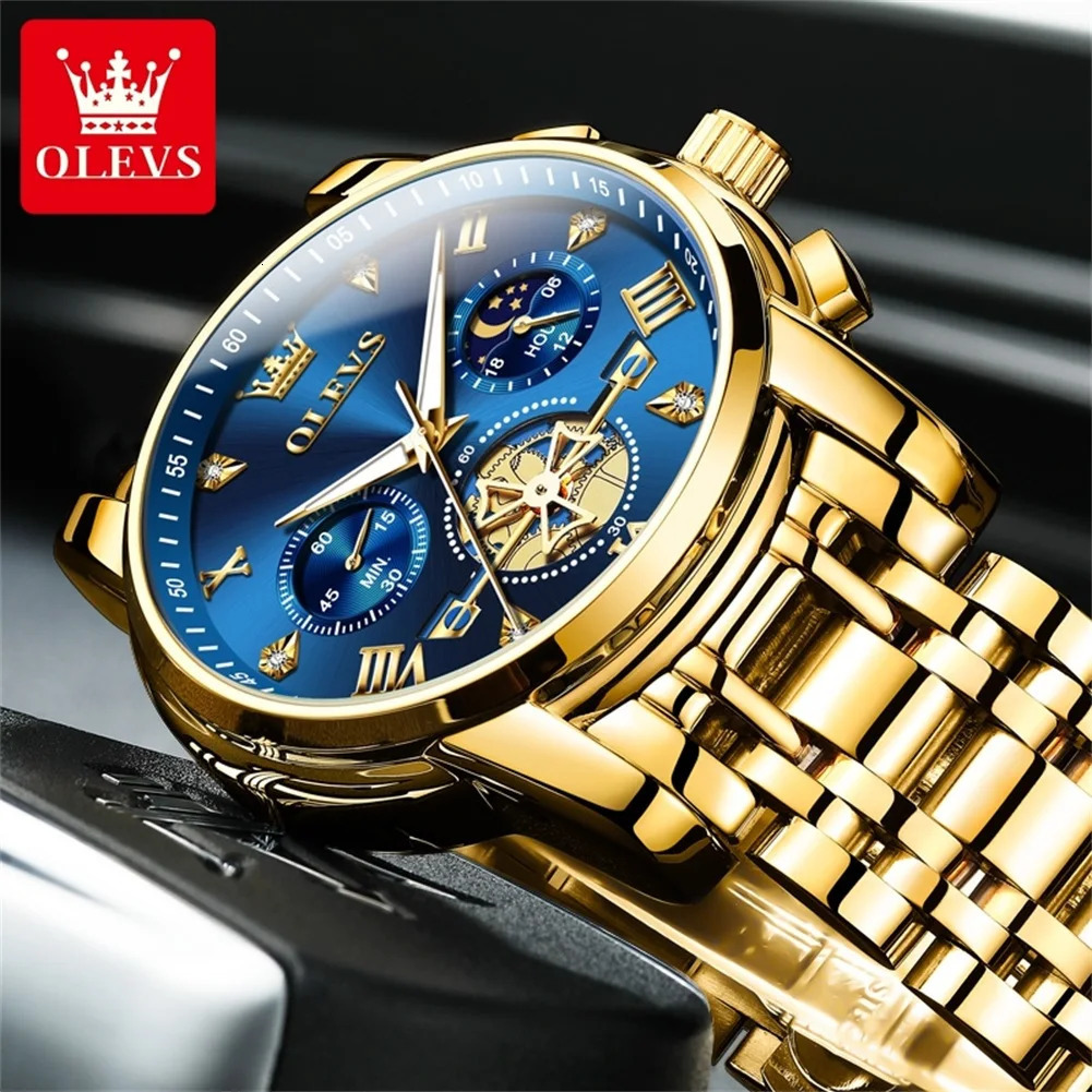 OLEVS Mens Watches Classic Multifunctional Flywheel Stainless steel Waterproof Moon Phase Mens Wristwatches 2024 Trend 250603