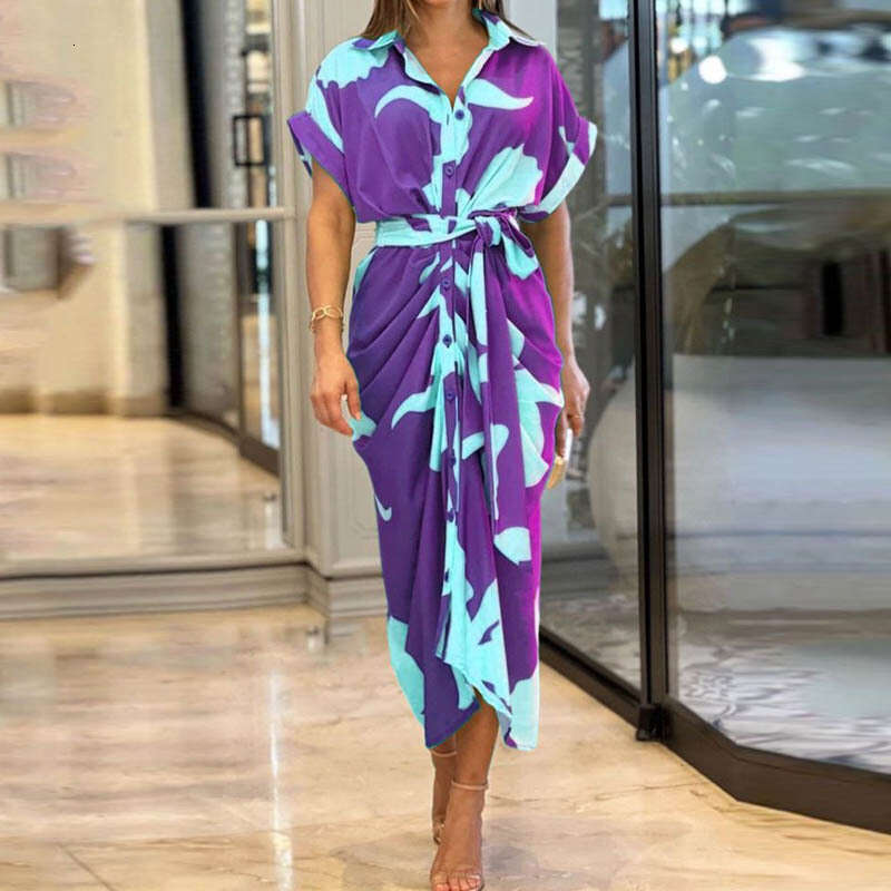 Maxi Dress INS Women S Printed Lapel Short Sleeved High Waisted Long Shirt Dress Floral Dress