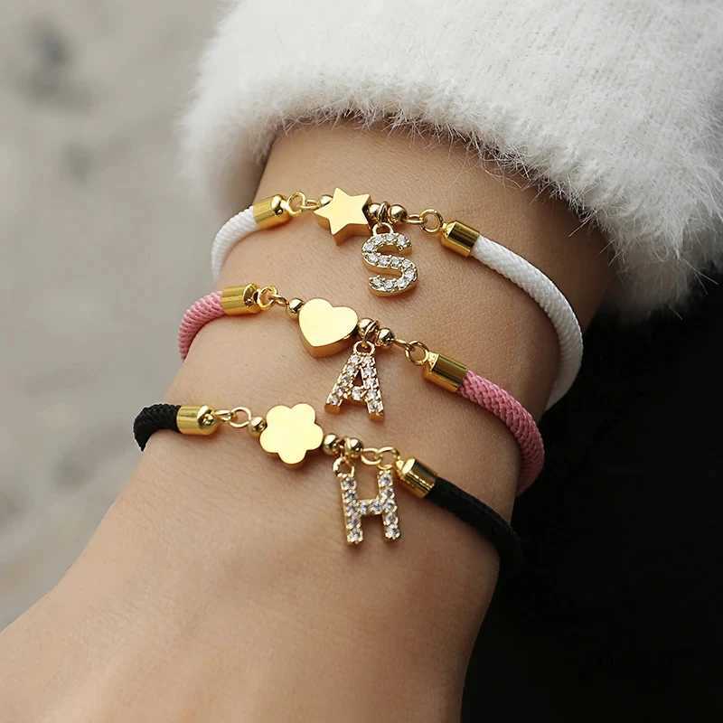 Trendy Pave Cubic A-Z Initial Letter Women Bracelet Star Heart Flower Adjustable Rope Bracelet For Women Jewelry Gift XJ250524