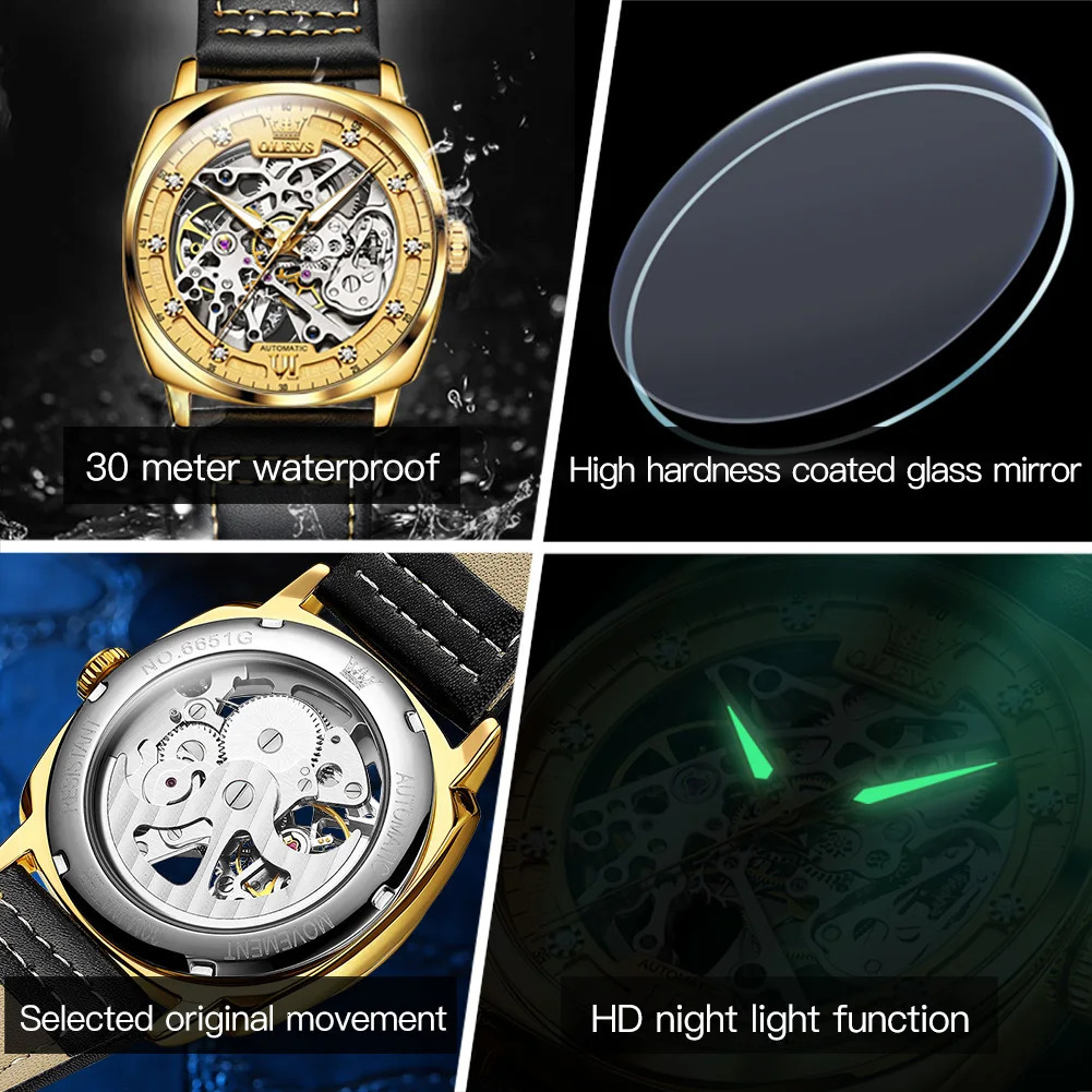 OLEVS 6651 Top Men Watches Fashion Dress Automatic Mechanical Wristwatch Wateproof Luminous Hollow Flywheel Watch for man 250603