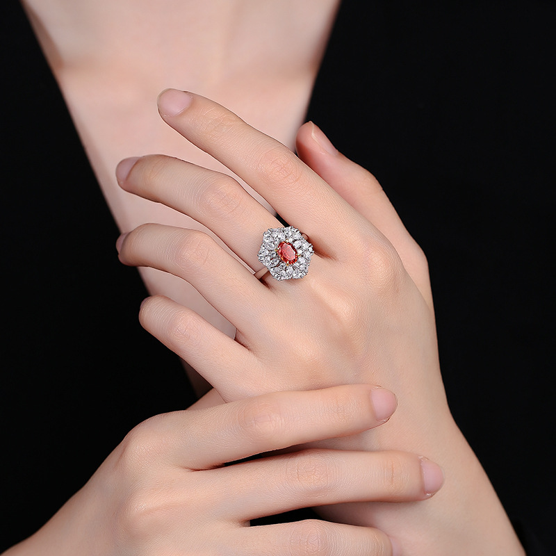 Luxury S925 Sterling Silver Ice Flower Cut Ring with Padma Red, Pink and Green Diamonds for Women, Perfect for Engagement and Wedding