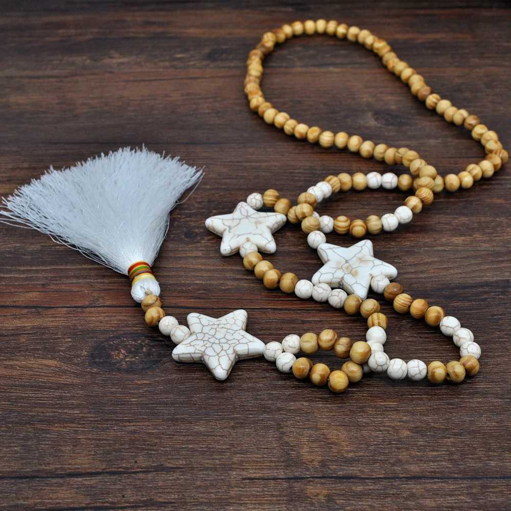 Wood Beads Long Necklace Natural Stone White Fringe Pendant Summer Beach Dress Decor for Women XJ250524