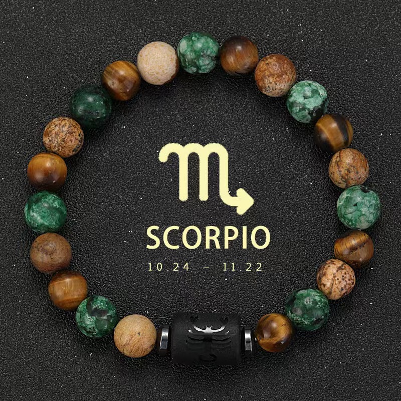 Zodiac Tiger Eye & Agate Picture Jasper Gemstone Bead Bracelets for All Astrological Signs
