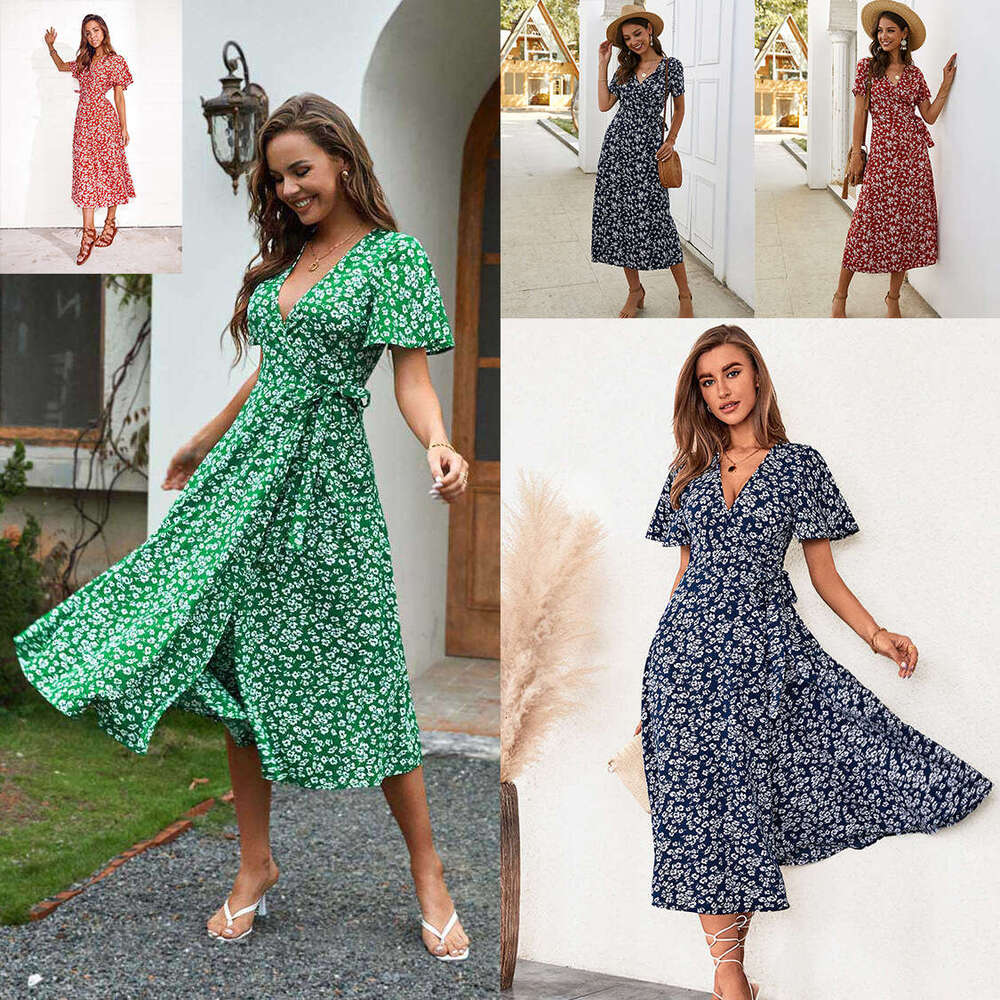 Maxi Dress Printed V Neck Short Sleeved Lace Up Cardigan Dress Long Skirt Floral Dress