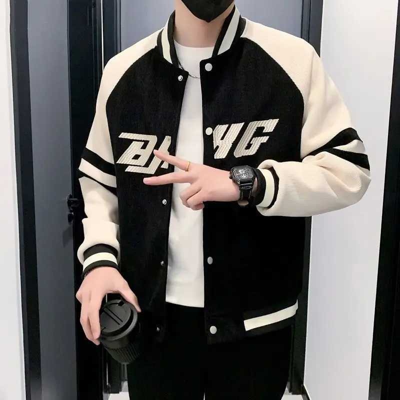 Autumn and Winter Men Trendy Contrast Color Patchwork Bomber Jackets Y2K Vintage Classic Baseball Collar Long Sleeve Loose Coats W250524