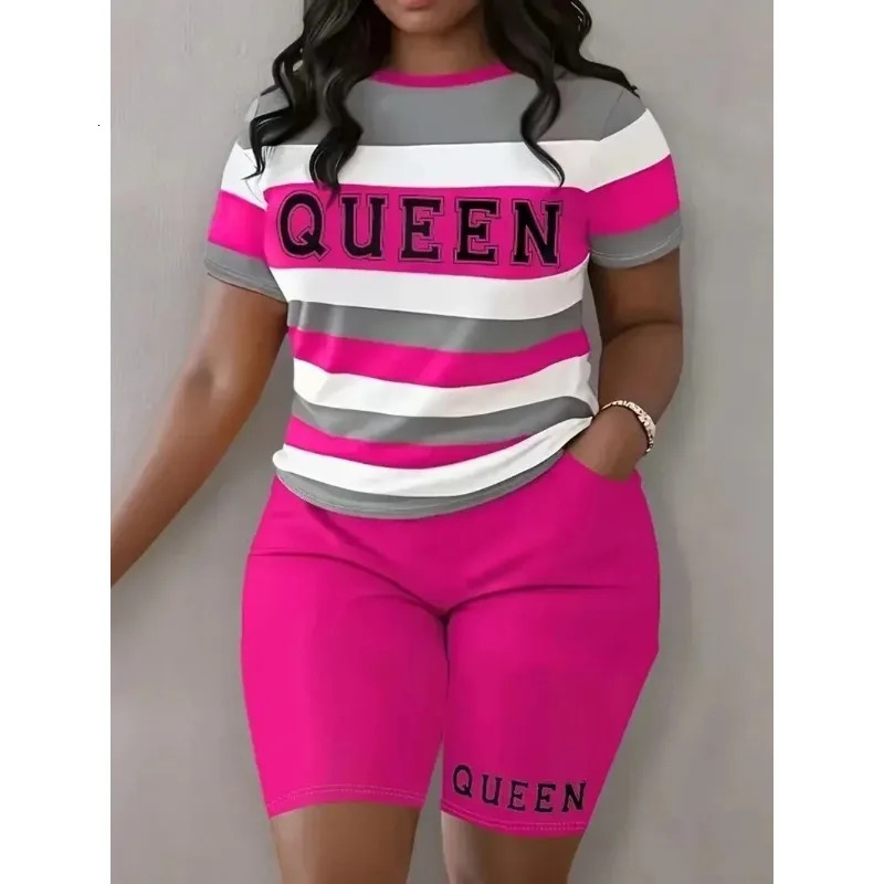 Plus Size Fashion Womens Clothing Stripe Print Ladies Casual Comfortable Set Tops and Shorts 250513Z