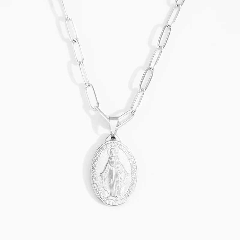 Golden Color Medal Virgin Mary Necklace Stainless Steel Virgin Mary Pendant Necklace For Men Women Cross Medallion Choker XJ250524