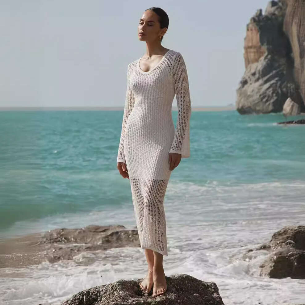 Maxi Dress Summer New Beach Skirt Sexy Hollow Perspective Seaside Sunscreen Bikini Cover Up Knitted Dress Long Dress