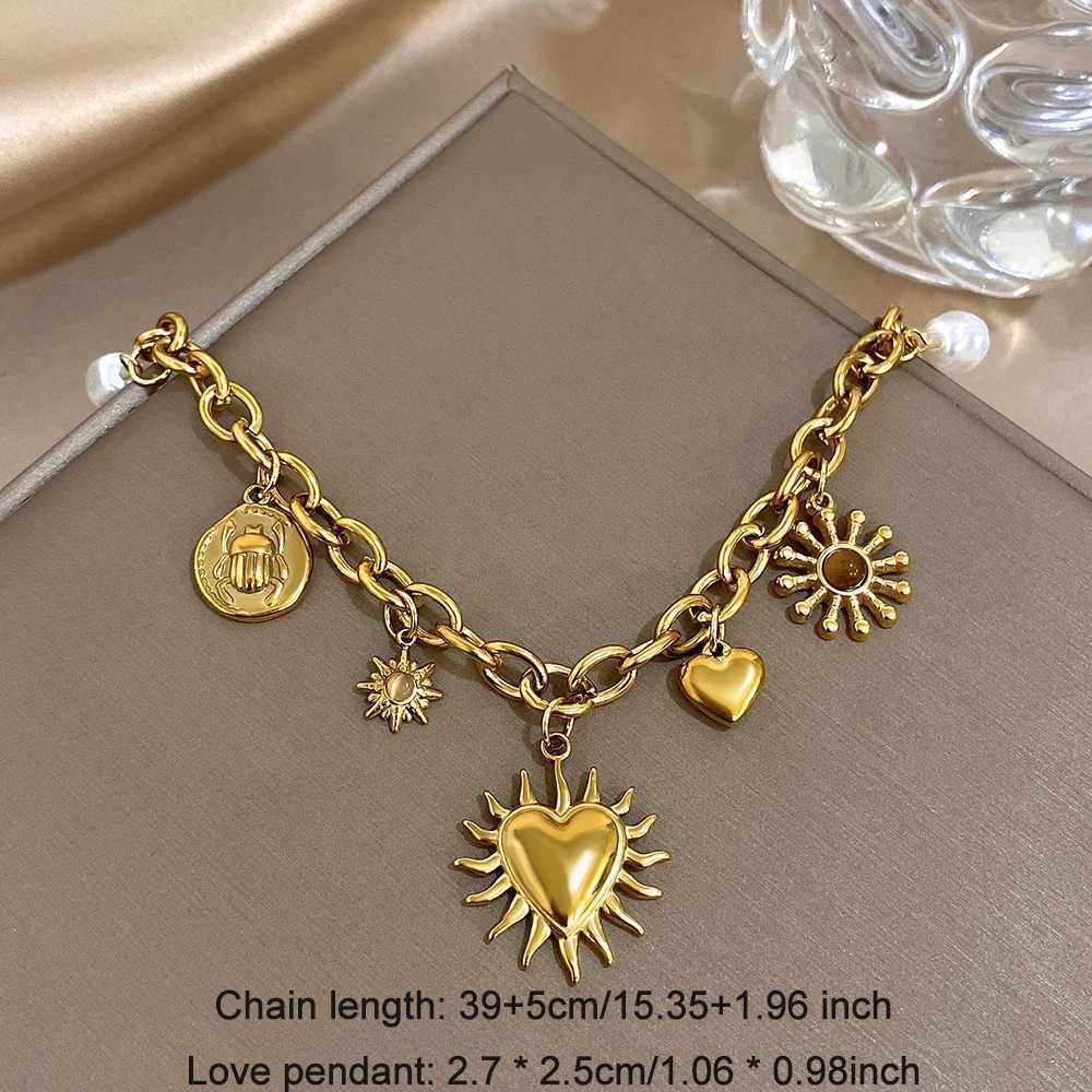 Vintage Chunky Golden Thick Chain Stainl Steel Charm Necklace Statement Chic Sun Heart Shed Pendant Fashion Jewelry Gift XJ250524