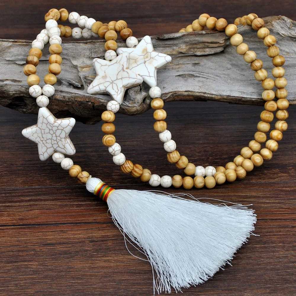 Wood Beads Long Necklace Natural Stone White Fringe Pendant Summer Beach Dress Decor for Women XJ250524